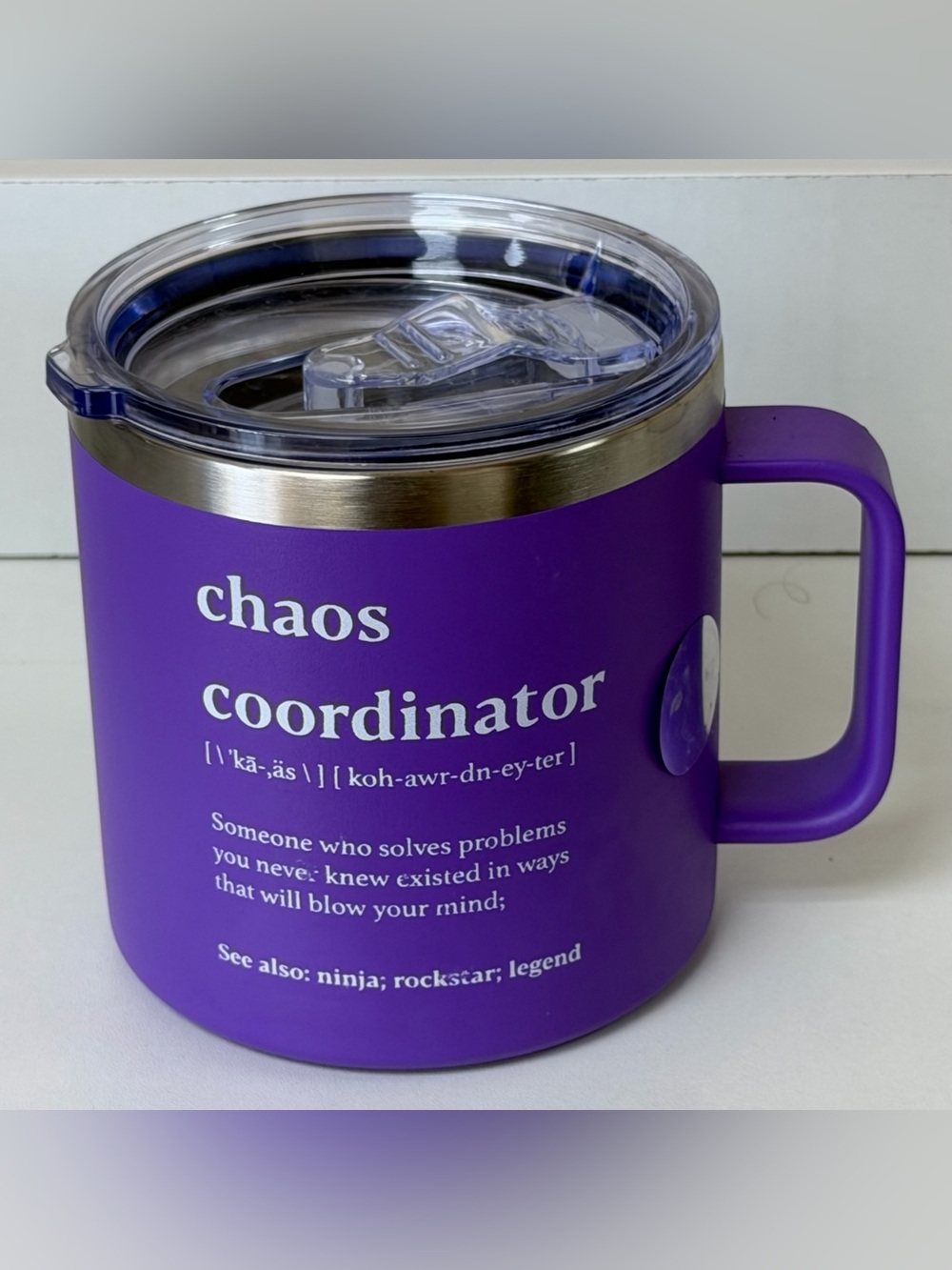 ‘Chaos Coordinator’ Purple Insulated Mug with Lid